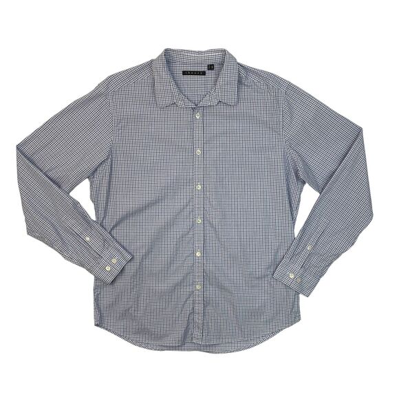 Theory Shirt Mens XL Extra Large Light Blue Navy Cotton Plaid Zack Button Up - Picture 1 of 10